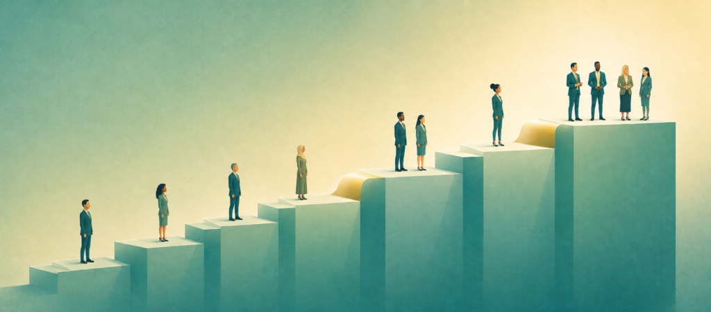 Business leaders ascending steps over time, representing Periscope Holdings' talent acquisition strategy and long-term team growth.
