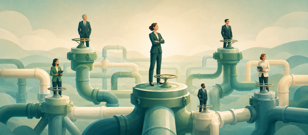 Executives positioned across an industrial pipeline network representing organizational design and leadership structure.