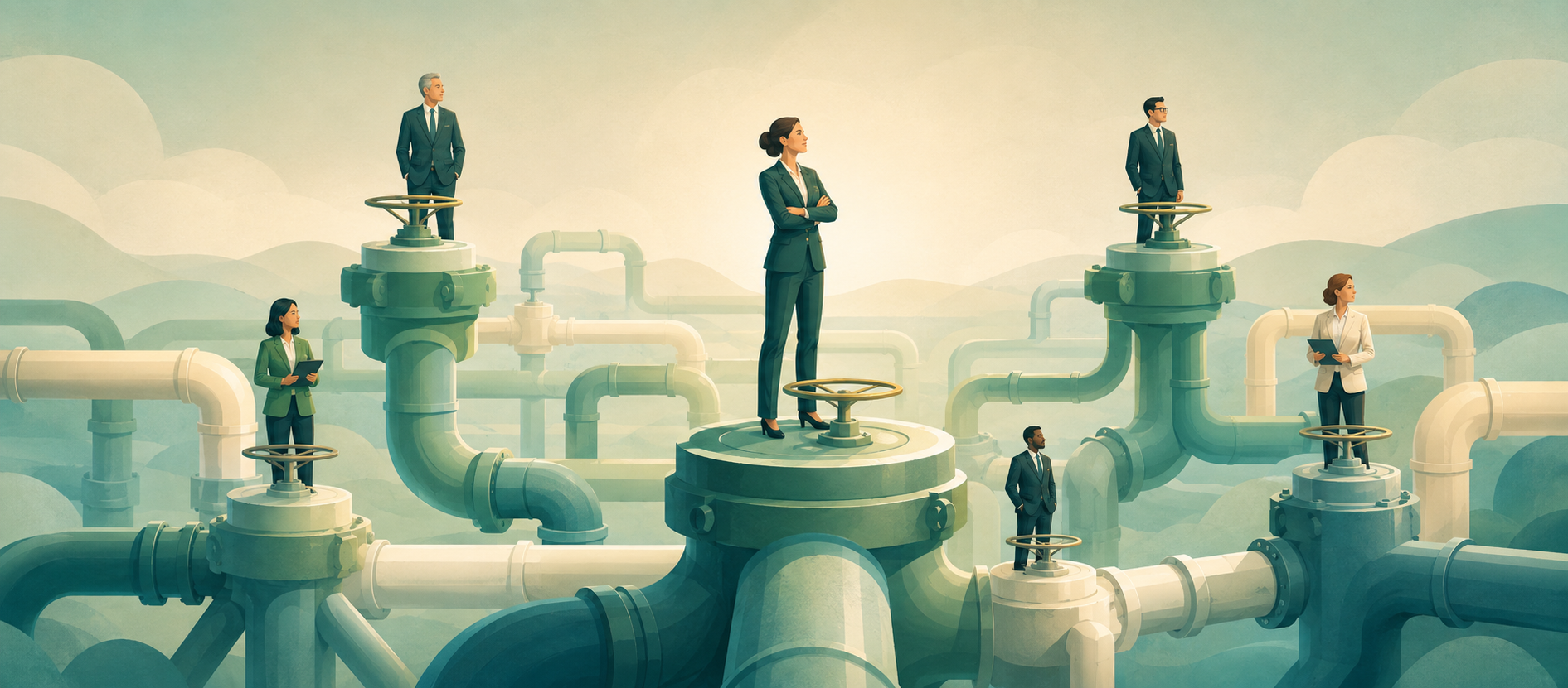 Executives positioned across an industrial pipeline network representing organizational design and leadership structure.