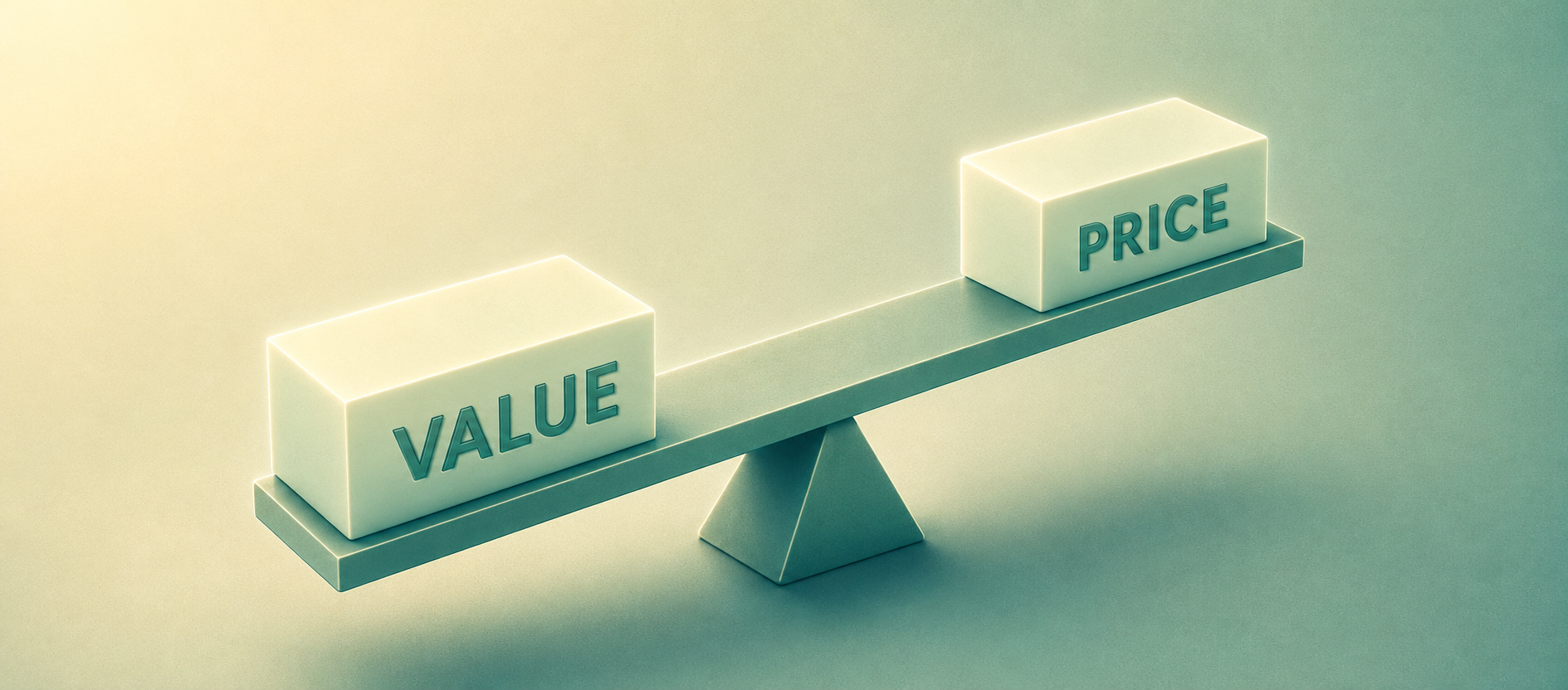 Fractional CFO cost illustrated as a seesaw weighing a block labeled Value against a block labeled Price.