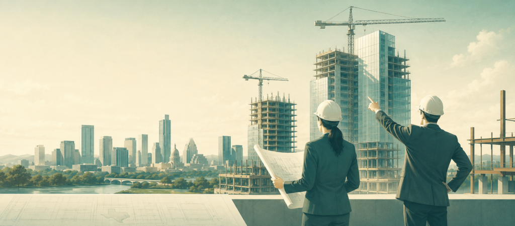 Two business leaders in hard hats review construction plans as skyscrapers rise over the Austin skyline.