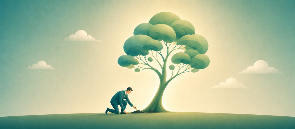 Editorial illustration of a business leader planting a seed beside a mature tree, representing how fractional CFO services support sustainable business growth.
